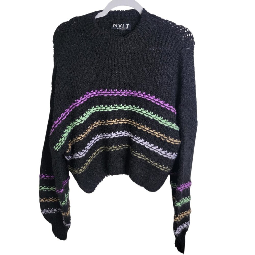 NVLT Rainbow Stripe Sweater Large Balloon Sleeve Cropped Boxy Wool Blend Anthro - Picture 2 of 8
